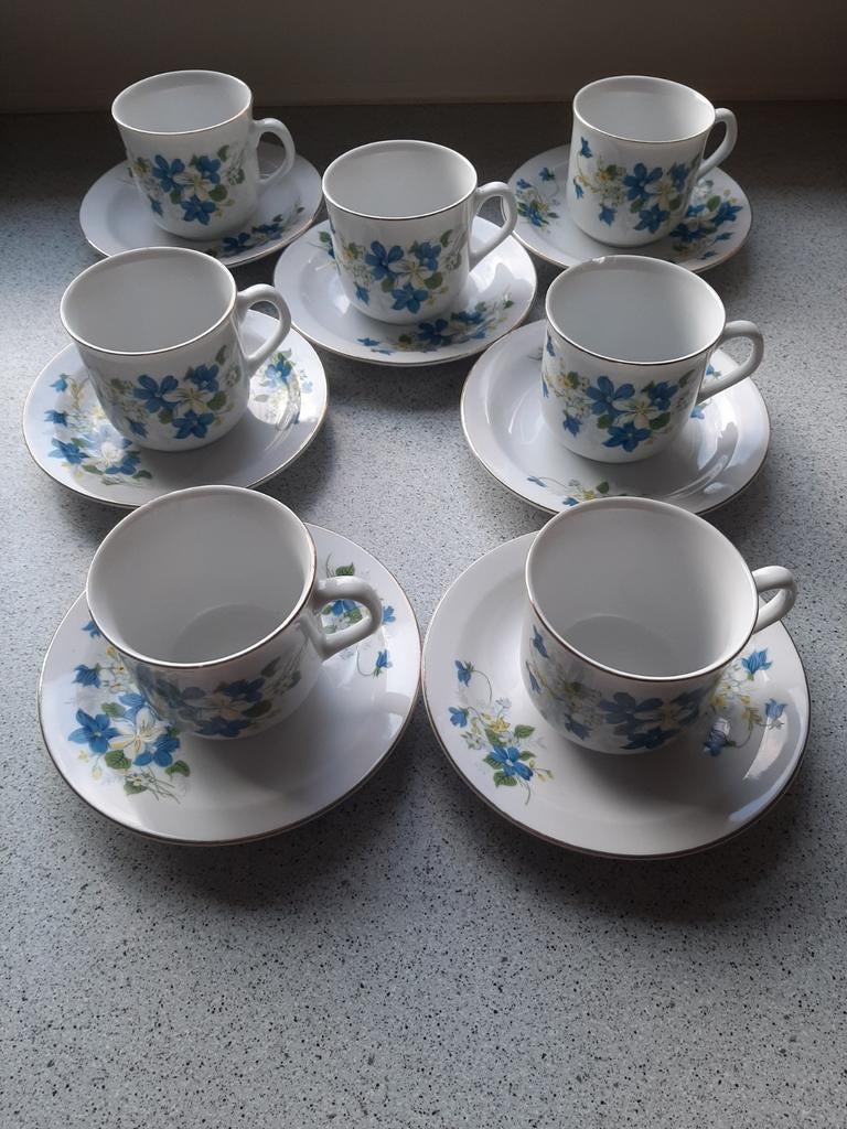 Vintage koffieservies 6 kopjes met blauwe bloemen, Ophalen of Verzenden