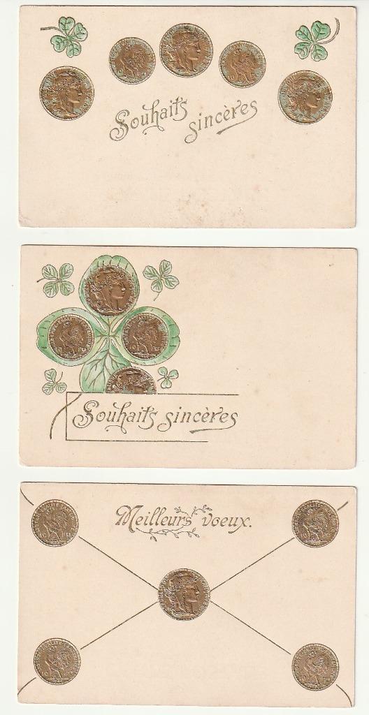Lot 3  kaarten afbeelding Munten relief klavertje 4, Verzenden, Ongelopen, Overige thema's