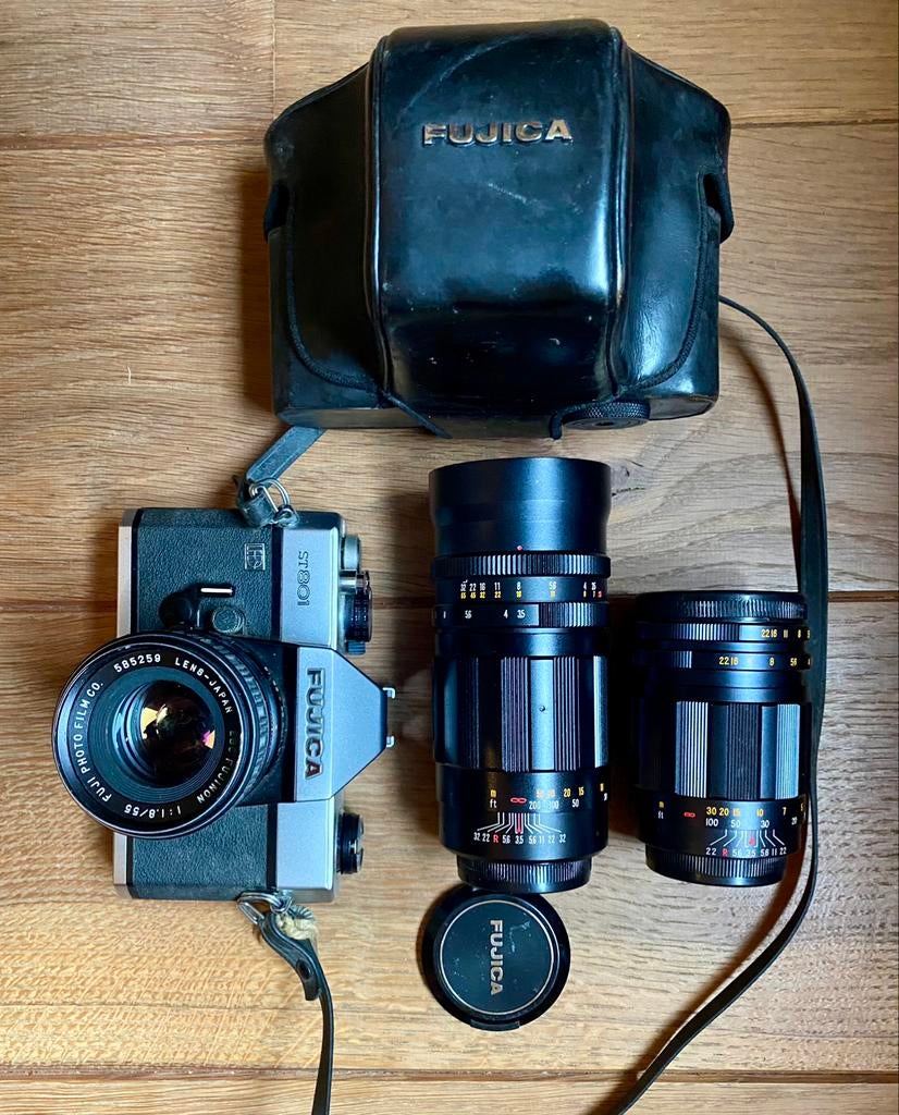 Fujica ST801 - 3 Lenzen, lederen tas en handleiding., Ophalen, Zo goed als nieuw, Compact, Fuji