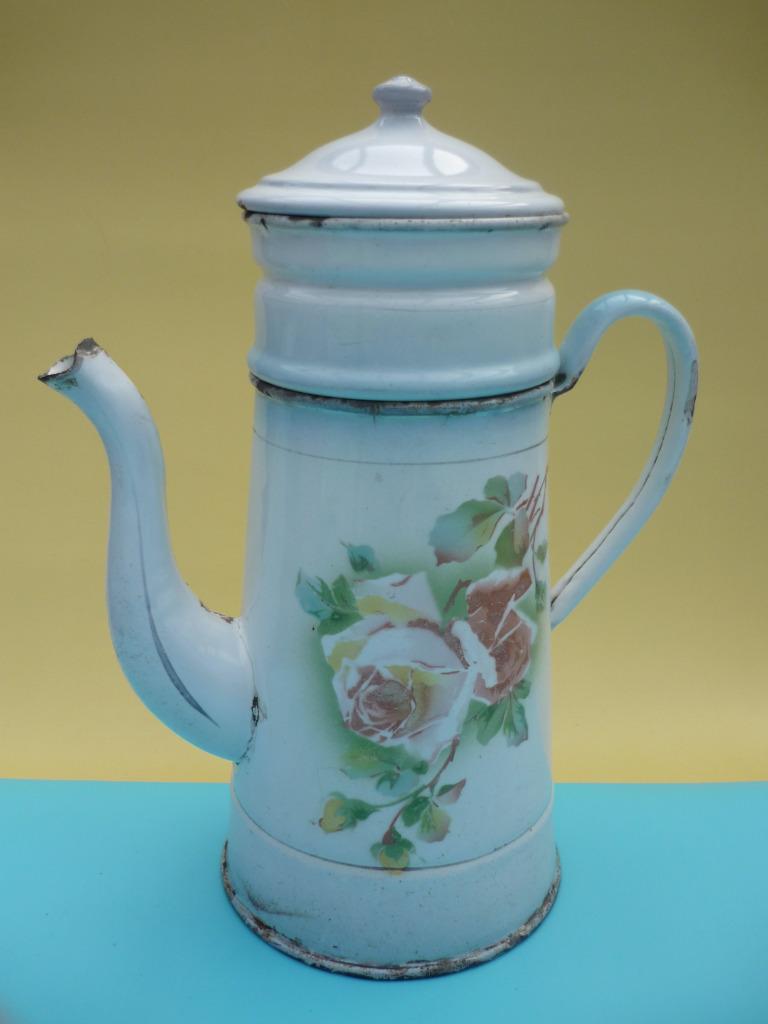 Vintage emaille koffiepot met floraal decor, rozen/rond 1920, Antiek en Kunst, Verzenden
