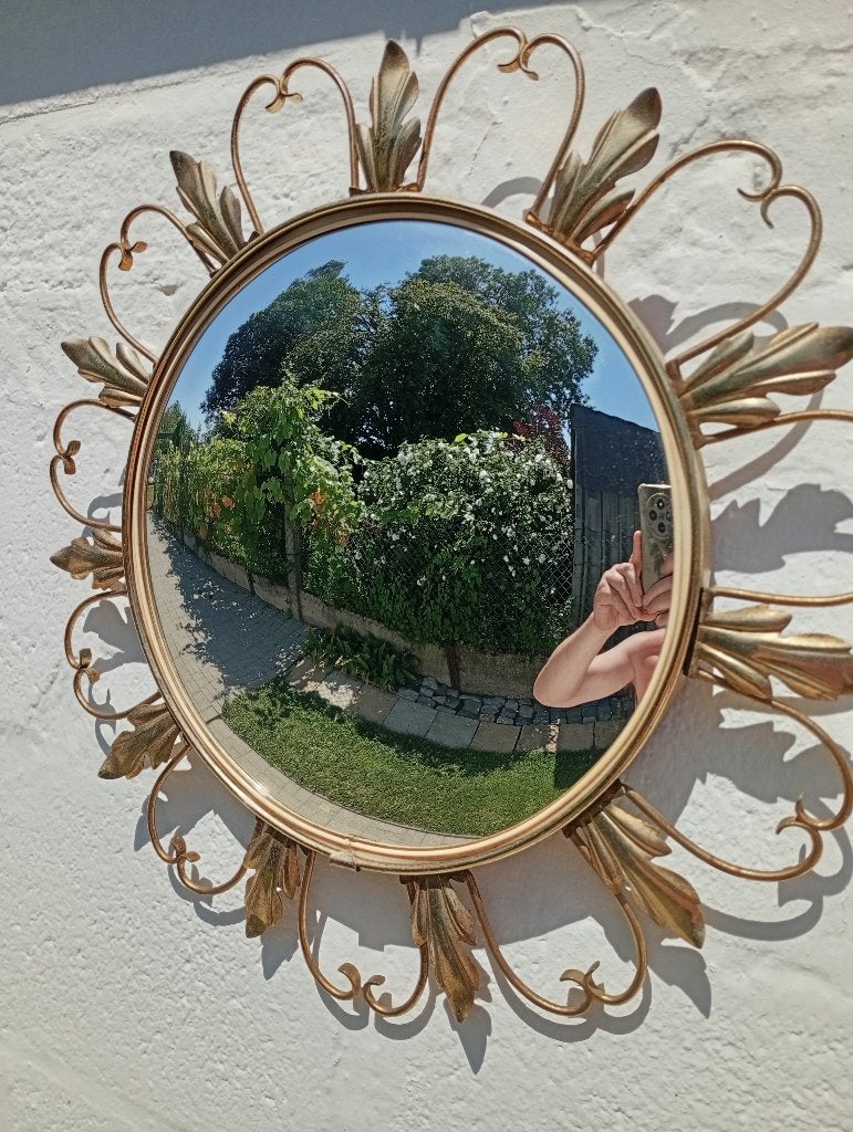 Miroir Soleil Convexe Vintage Deknudt Métal Doré  45cm, Enlèvement