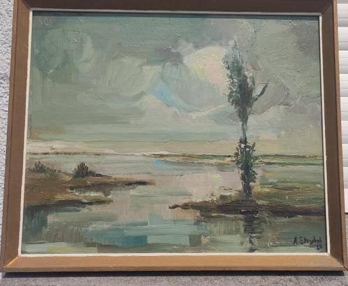 huile sur panneau paysage signe achiel strybol, Ophalen of Verzenden, Landschap, Paneel