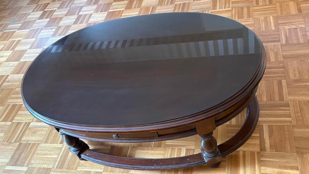 Houten salontafel met glazen blad, Huis en Inrichting, Tafels | Salontafels, Ophalen, Gebruikt, 100 tot 150 cm, 50 tot 100 cm