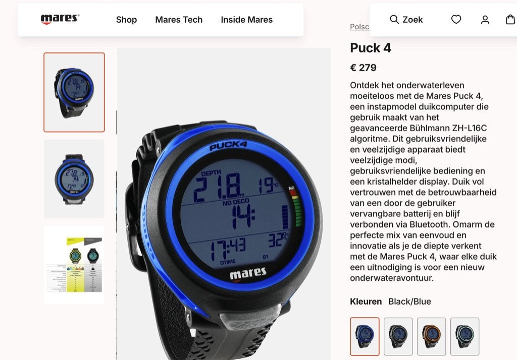 Mares Puck4 Blue “ Nieuw 229€ “ - Ecocheques, Ophalen of Verzenden, Nieuw, Duikcomputer