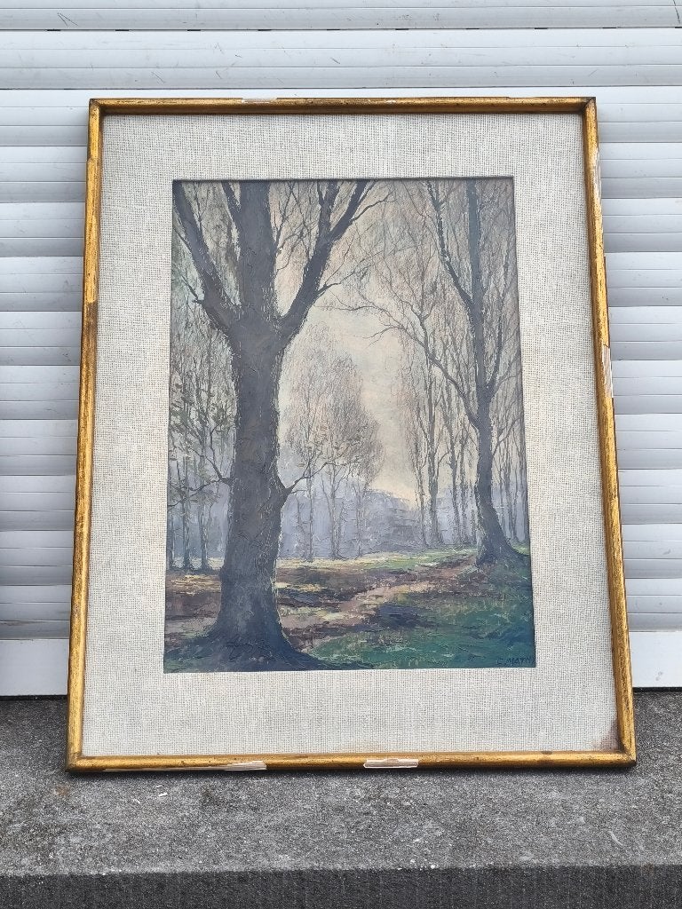 Huile encadré sous bois signe c mathy, Antiquités & Art, Enlèvement ou Envoi, Encadré, Panneau