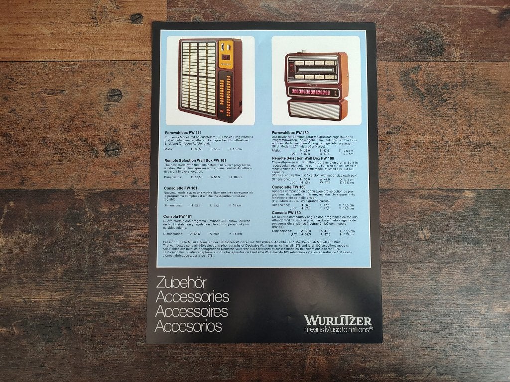 Flyer: Wurlitzer Accessoires (1975) jukebox, Verzamelen, Verzenden, Wurlitzer