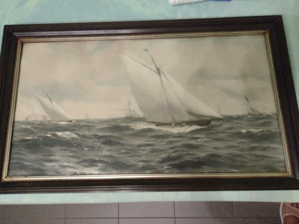 Lithographie ancienne - Mer avec compétition de voile., Encadré, Enlèvement, Autres sujets, Sérigraphie