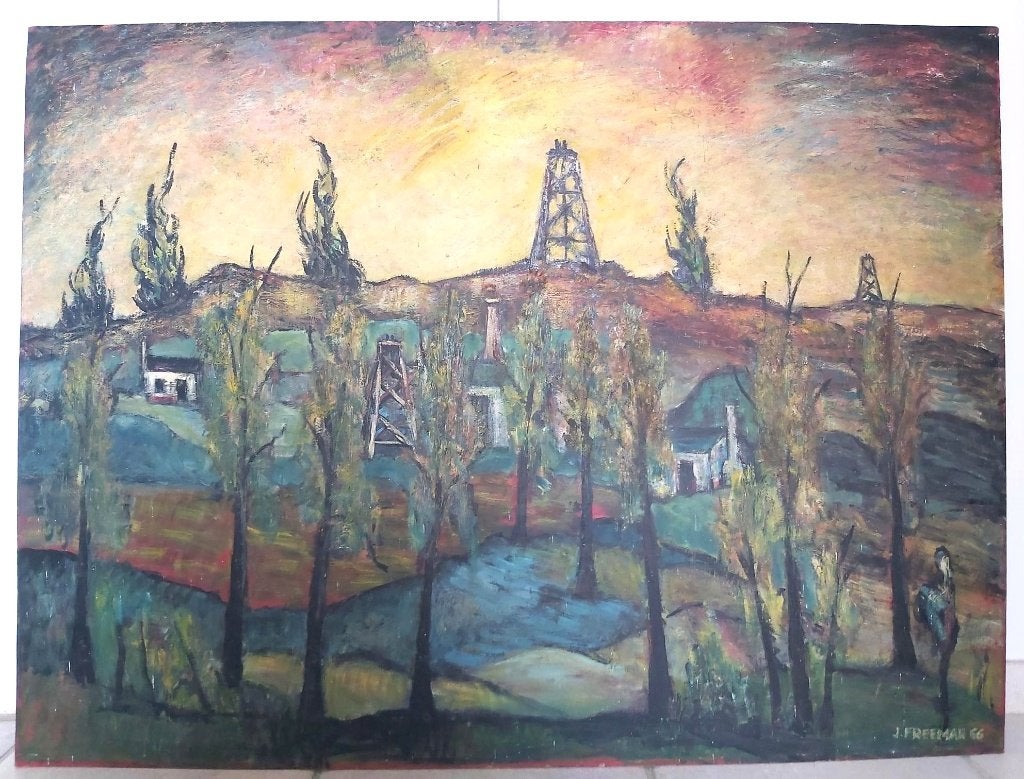Prachtig xxl industrieel landschap schilderij J.Freeman 1966, Panneau, Paysage, Expressionniste, Enlèvement
