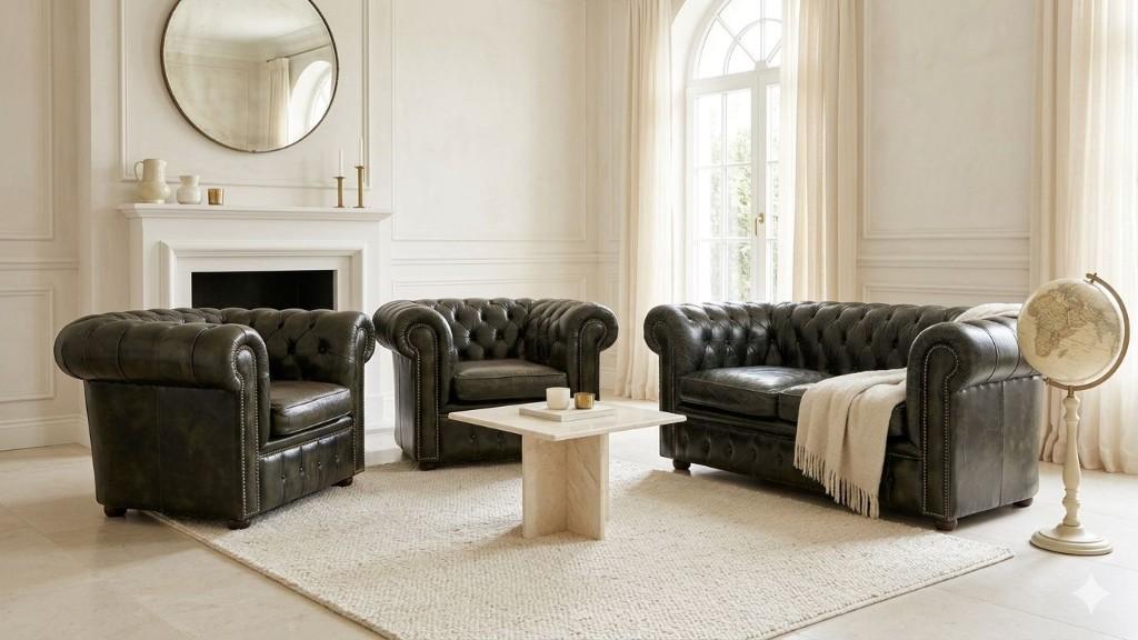 salon chesterfield complet cuir haut de gamme, Enlèvement, Utilisé, Cuir