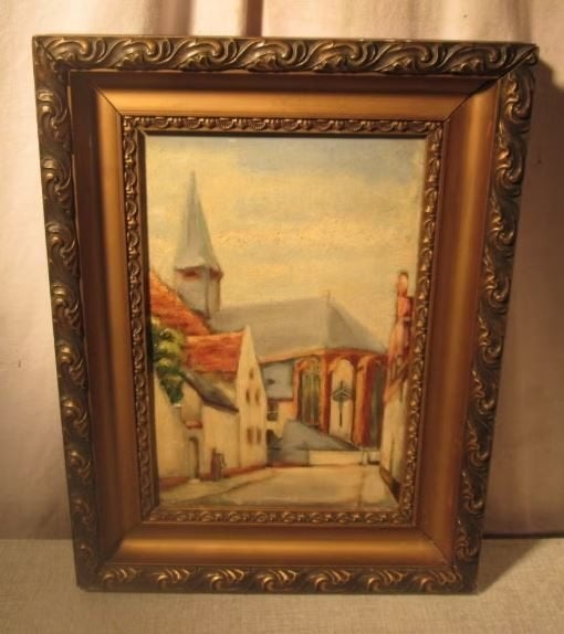 Belle œuvre peinte ancienne « dans la ville » - W.B. - 36x27, Antiquités & Art, Enlèvement ou Envoi, Encadré, Peinture à l'huile