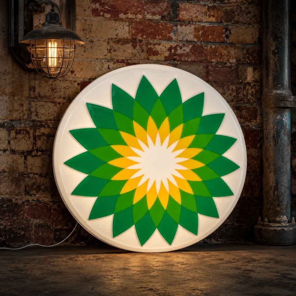 Vintage BP logo reclame decoratie verlichting wand lamp, Verzamelen, Ophalen, Gebruikt, Lichtbak of (neon) lamp