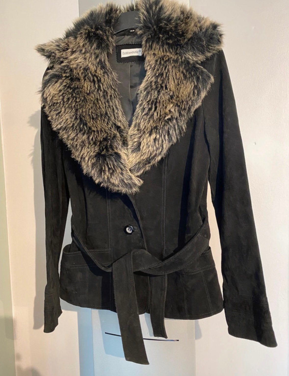 Zwarte jas van leer/nubuck met afneembare bontkraag, Kleding | Dames, Maat 38/40 (M), Zwart, Ophalen of Verzenden, Zo goed als nieuw