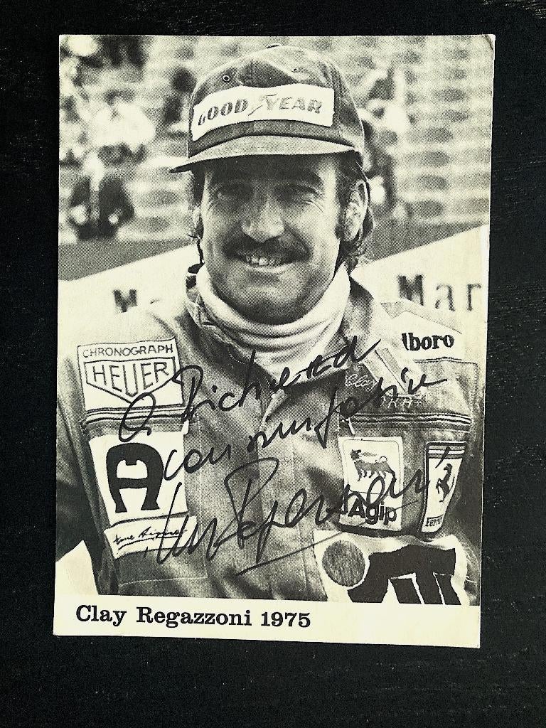 Kaart met handtekening Clay Regazzoni, Ferrari outfit, 1975, Verzenden, Gebruikt, Formule 1