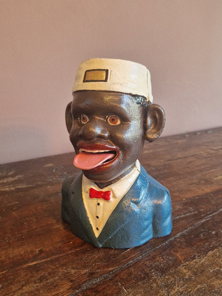 Gietijzer Jolly Boy Bank JE Stevens Bell Boy PAT 455 1896, Ophalen of Verzenden