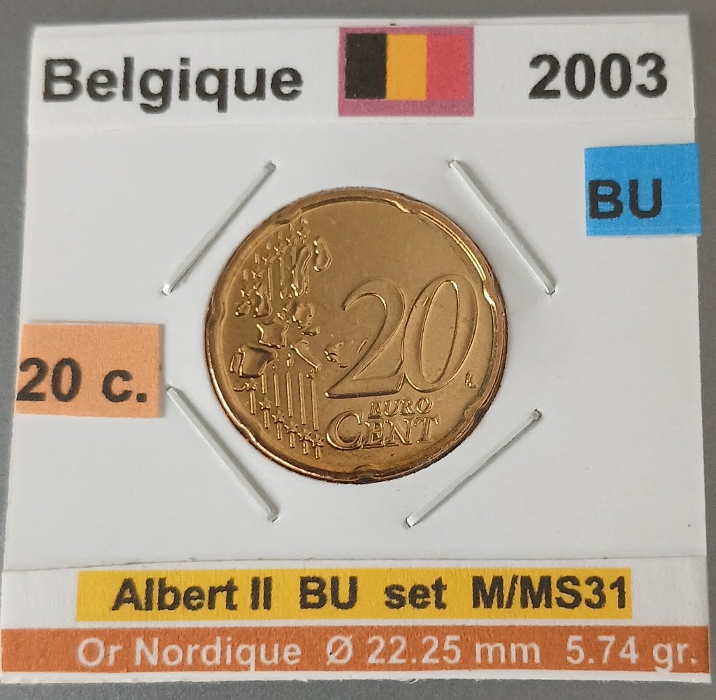Belgique 20 ctmes ALBERT II année 2003 BU issu du set M/MS31, Monnaie en vrac, Belgique, Or, 20 centimes