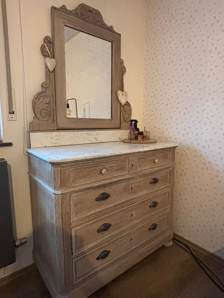 Brocante Kaptafel / Ladekast met spiegel, Antiek en Kunst, Ophalen