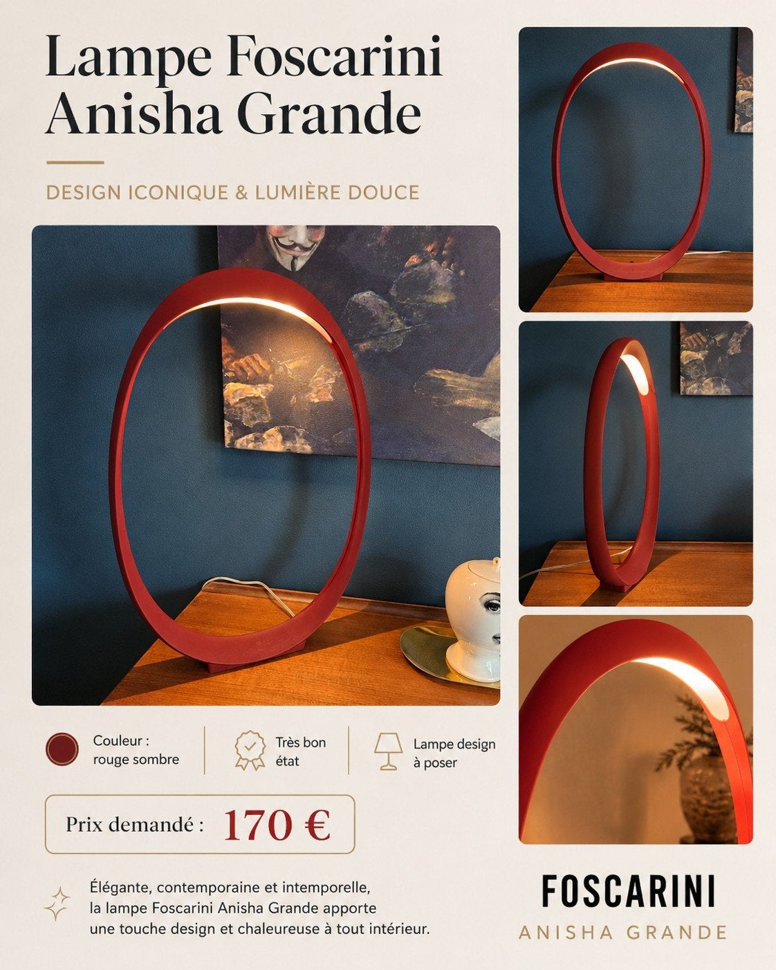 lampe FOSCARINI Anisha Grande, Maison & Meubles, Rouge, Comme neuf, 46 cm, Design