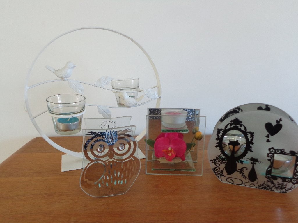 Lot de 4 bougeoirs simples ou doubles en verre ou métal, Autres marques, 13 cm, Comme neuf, Verre