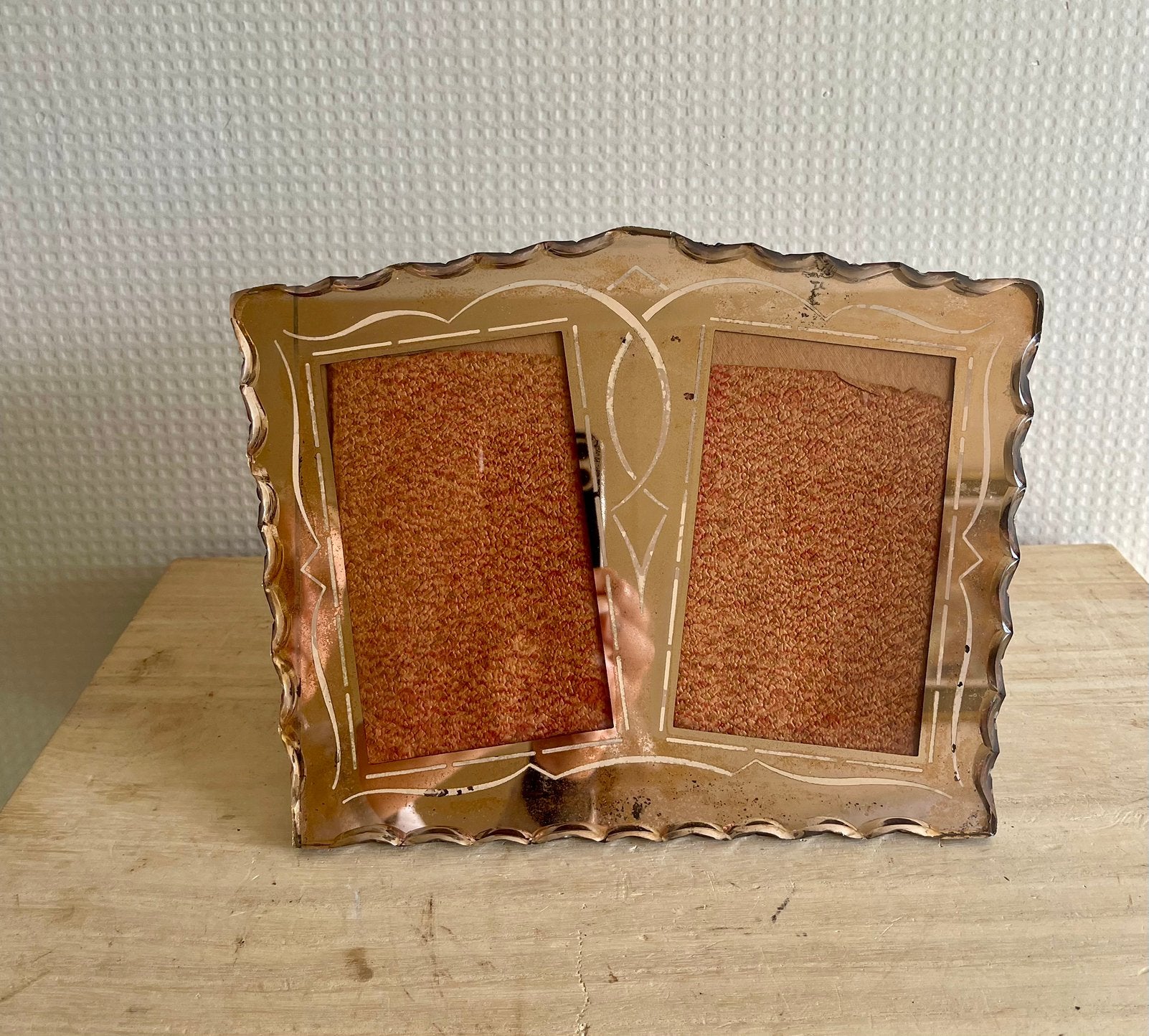 Vintage duo fotolijst van bronskleurig glas, Ophalen of Verzenden