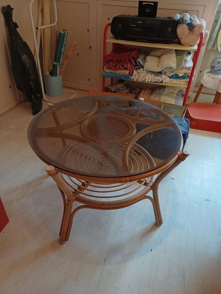 Table de salon ronde vintage en rotin, Maison & Meubles, Rond, Verre, Enlèvement, Utilisé