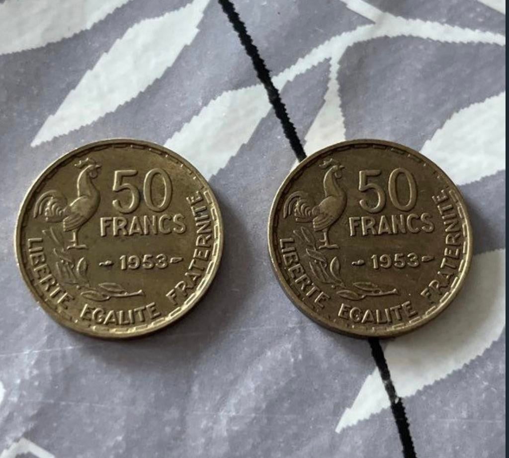 Lot de 2 pieces 50 francs Guiraud 1953, Enlèvement ou Envoi