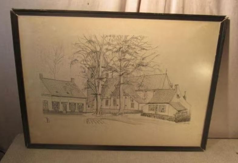 Joli dessin « Centre du village » - Jef Wouters, Antiquités & Art, Art | Dessins & Photographie, Enlèvement ou Envoi, Dessin, Dessin au crayon