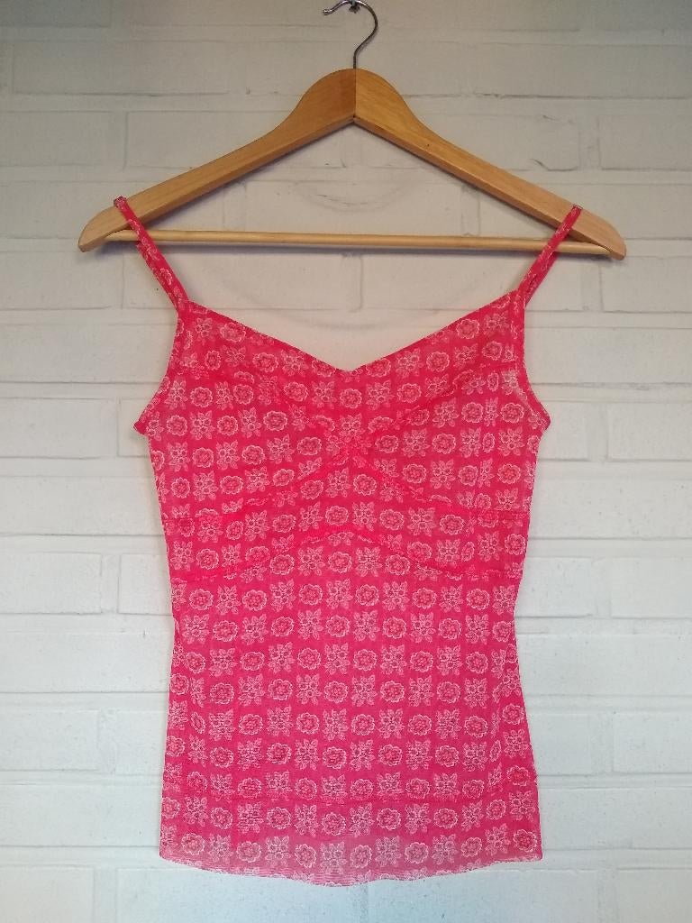 Koraalrood/wit transparant topje met motief, Promod, XS/S, Kleding | Dames, Topjes, Ophalen, Overige kleuren, Promod, Zo goed als nieuw