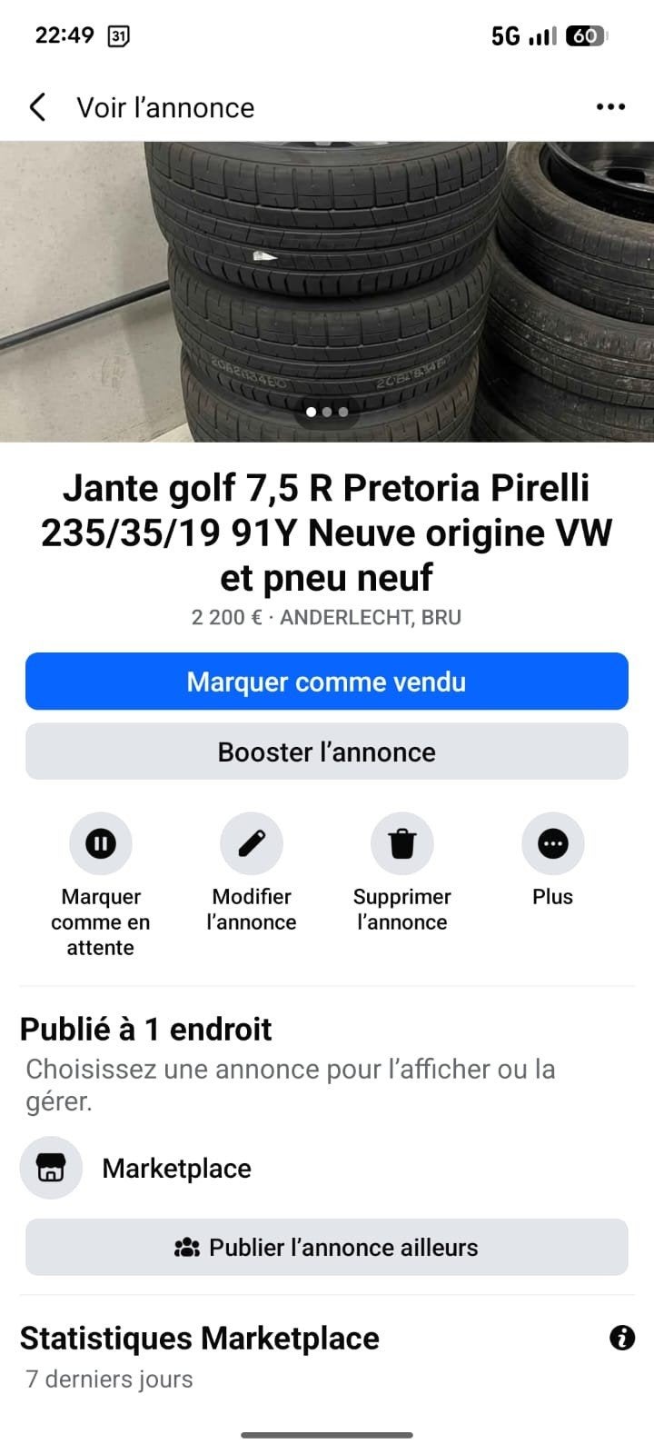 jantes 19 pretoria d origine oem de golf 7,5R, Enlèvement, Jante(s)