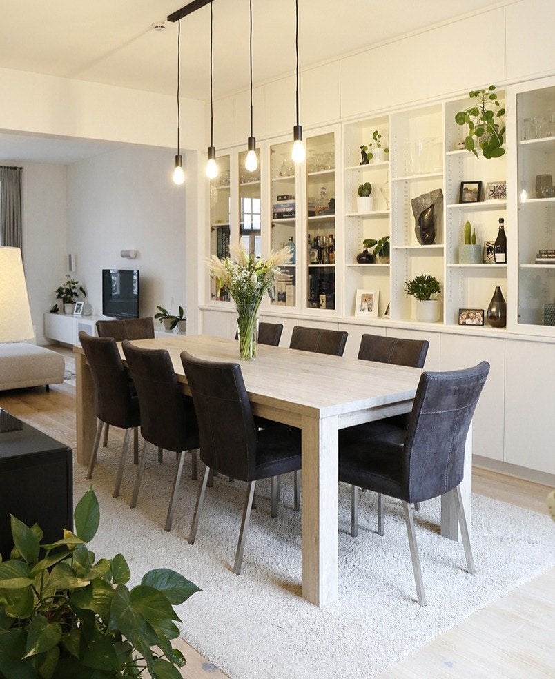 Grote eettafel in lichtgrijs eik, Ophalen, Gebruikt, 200 cm of meer, 50 tot 100 cm