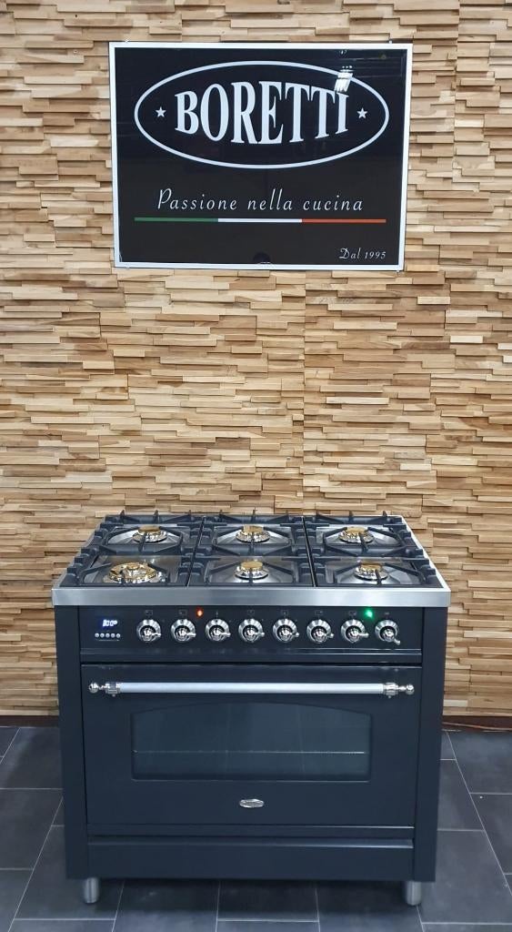 Luxe Boretti Fornuis 90cm antraciet + rvs 6 pit 300° oven, Gaz, Classe énergétique A ou plus économe, Comme neuf, Enlèvement