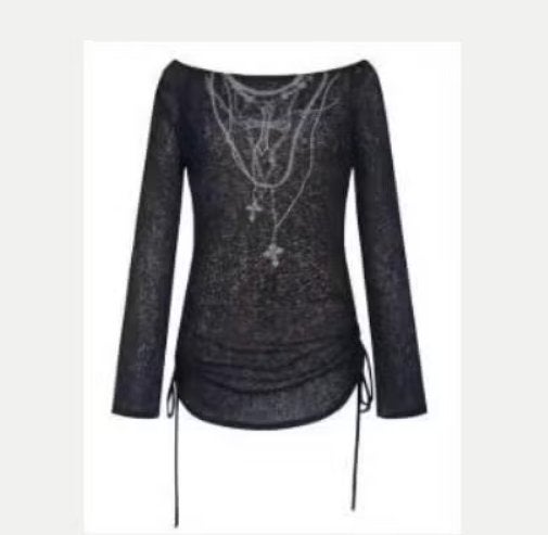 Prachtige vintage top zwart Gothic / Alt met tattoo print, Ophalen of Verzenden, Nieuw, Maat 36 (S), Zwart