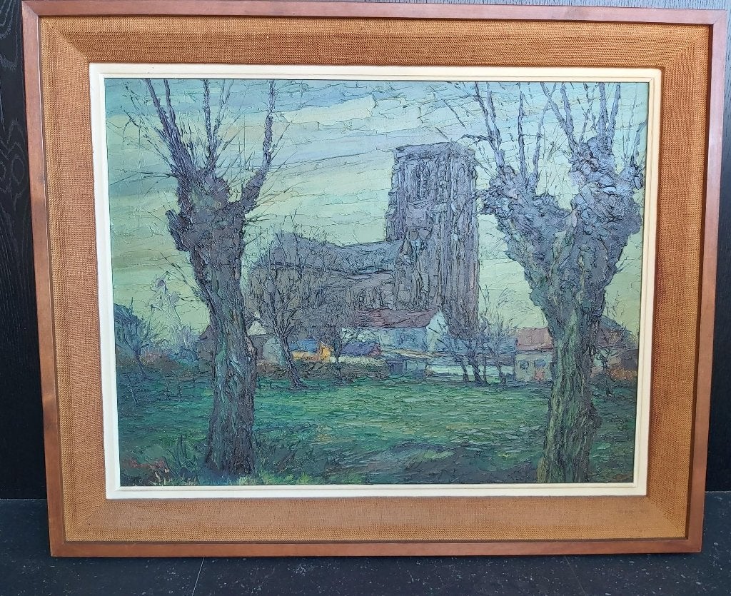 Mooi zeer groot schilderij Kerk van Lissewege A. Penninck, Ophalen, Doek, Gesigneerd, Olieverf