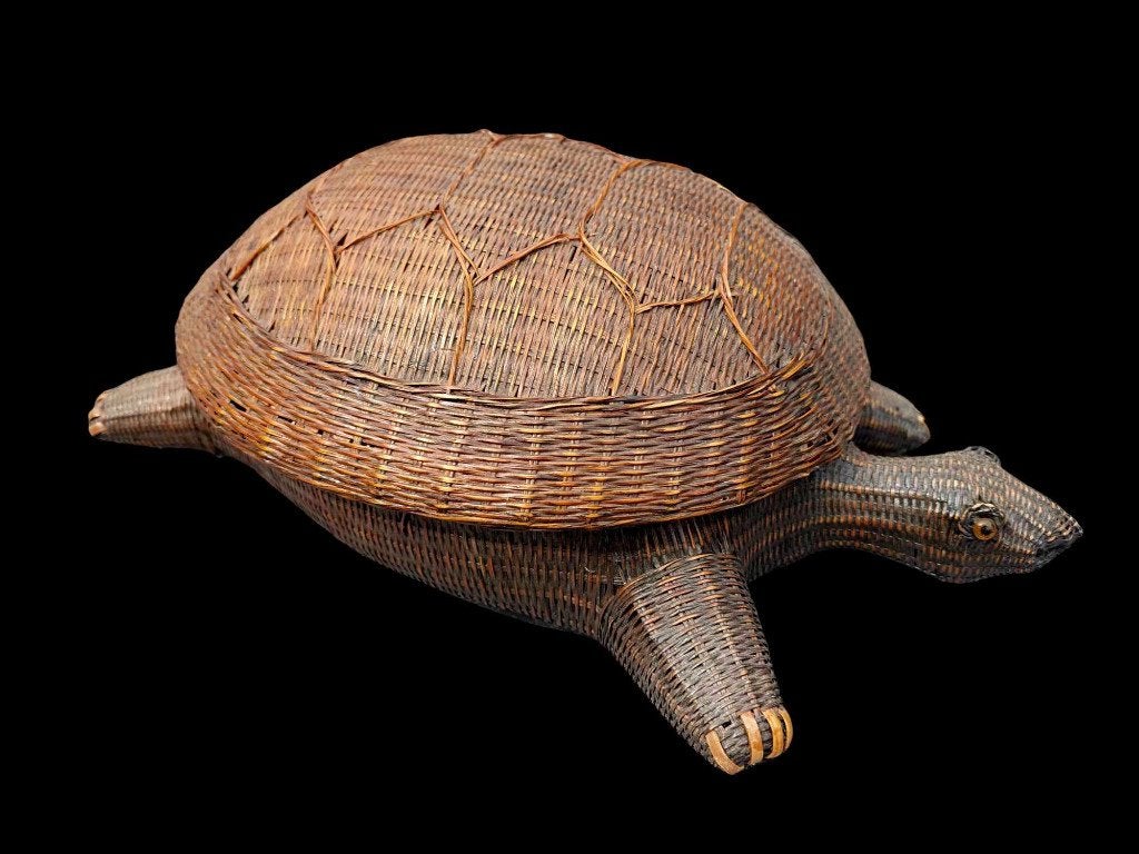 Boîte panier tortue vintage en osier tissé de 32 cm, Enlèvement