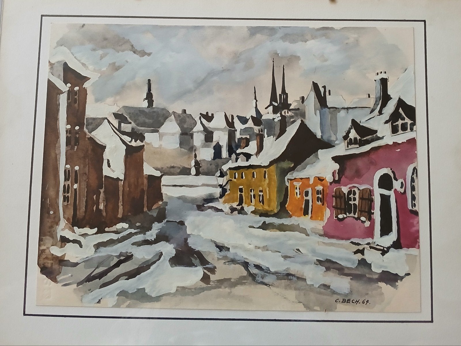 Litho aquarel gesigneerd door Bech, Antiek en Kunst, Kunst | Litho's en Zeefdrukken, Ophalen of Verzenden