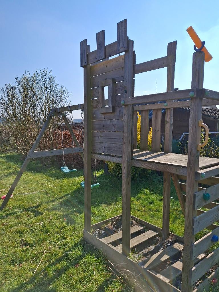 Houten speeltuig met 2 schommels, Kinderen en Baby's, Speelgoed | Buiten | Speeltoestellen, Ophalen, Gebruikt, Schommel
