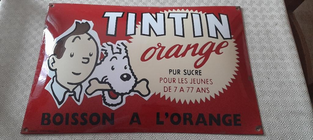PLAQUE EMAILLEE BOMBEE TINTIN BOISSON ORANGE, Enlèvement, Utilisé