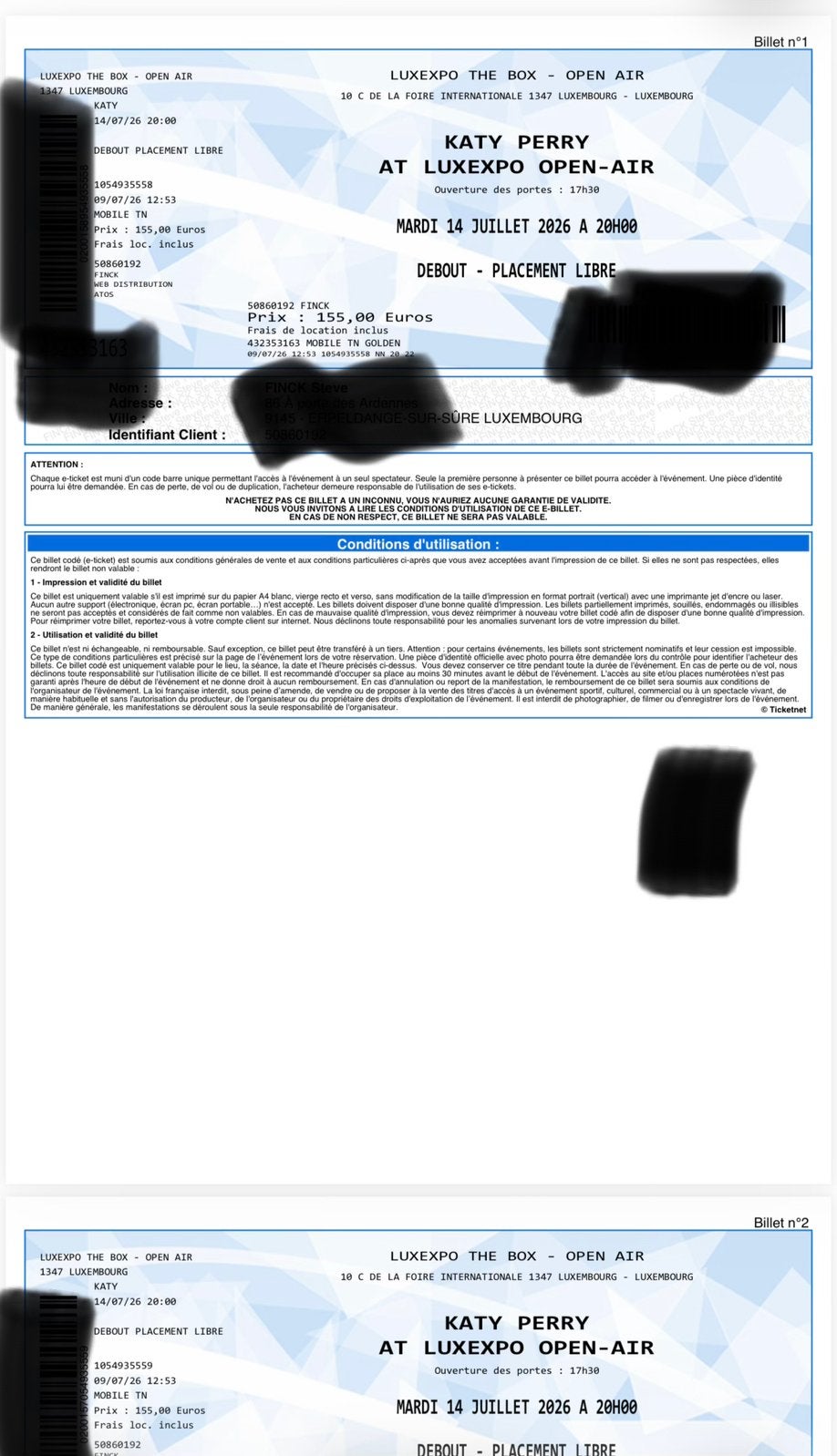 Billets (2) pour Katy Perry Luxexpo 14/7/26, Tickets & Billets