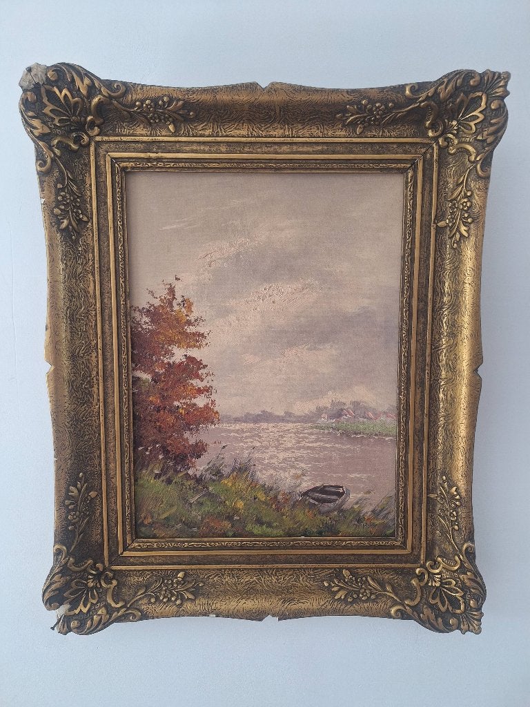Schilderij met herfstlandschap en rivier in sierlijke lijst, Antiek en Kunst, Kunst | Schilderijen | Klassiek, Realistisch, Ophalen of Verzenden