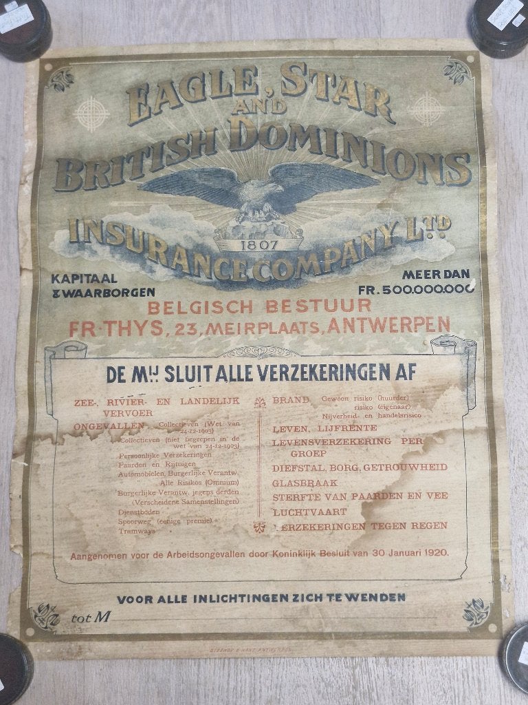 Zeldzame reclameposter verzekeringen 'Eagle Star' Anwerpen, Collections, Enlèvement, Utilisé, Panneau publicitaire