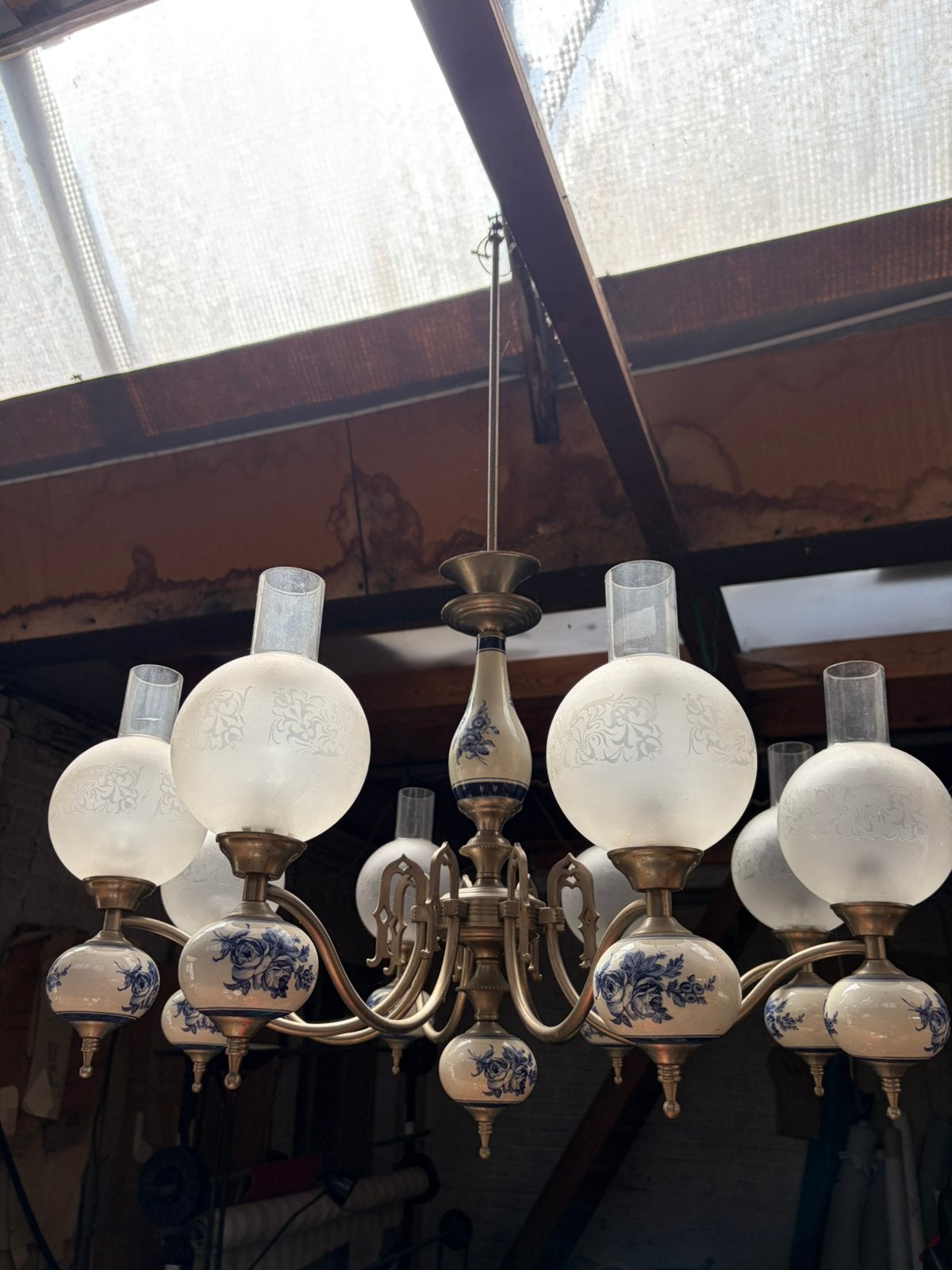 Vintage 6 armige kroonluchter in delfts blauw, Ophalen, Zo goed als nieuw