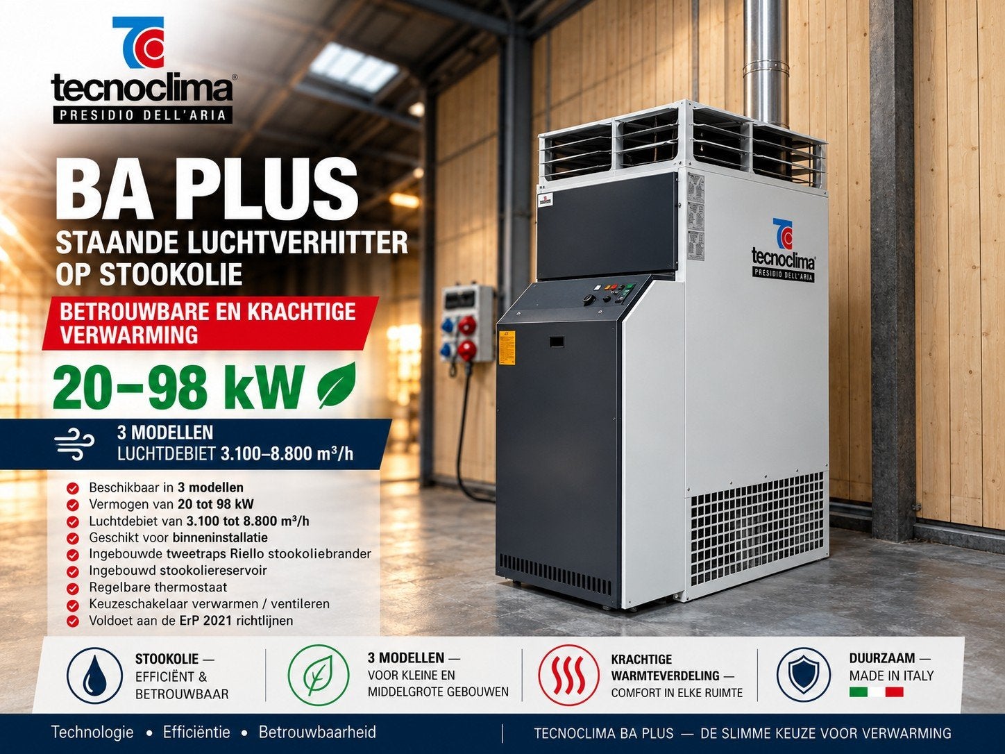 🔥Verwarming Loods & Werkplaats op Mazout - Tecnoclima BA, Ophalen, Hoog rendement (Hr), 150 cm of meer, 80 cm of meer