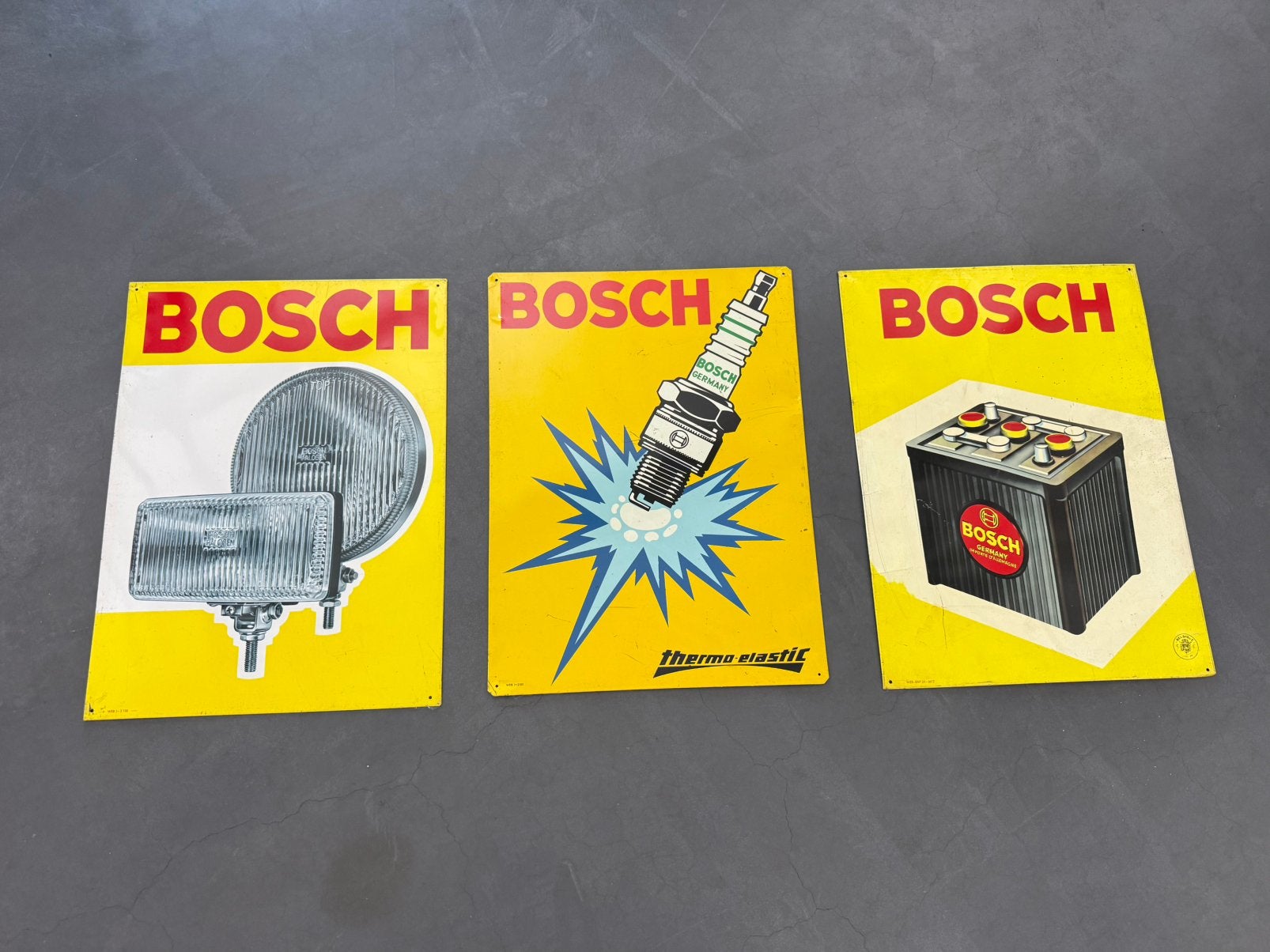 Drie oude Bosch reclame borden blik, Verzamelen, Ophalen, Gebruikt, Reclamebord