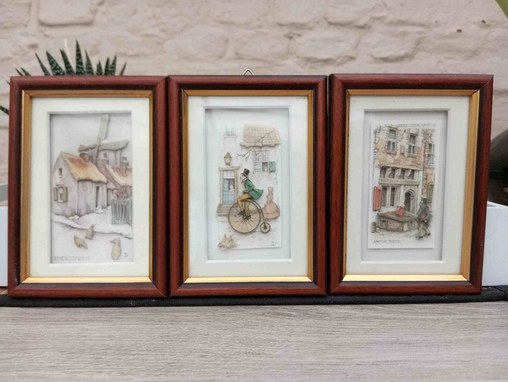 3 kadertjes met 3 D tekeningen Anton Pieck ,Amerongen, Antiquités & Art, Art | Dessins & Photographie, Enlèvement ou Envoi, Autres types