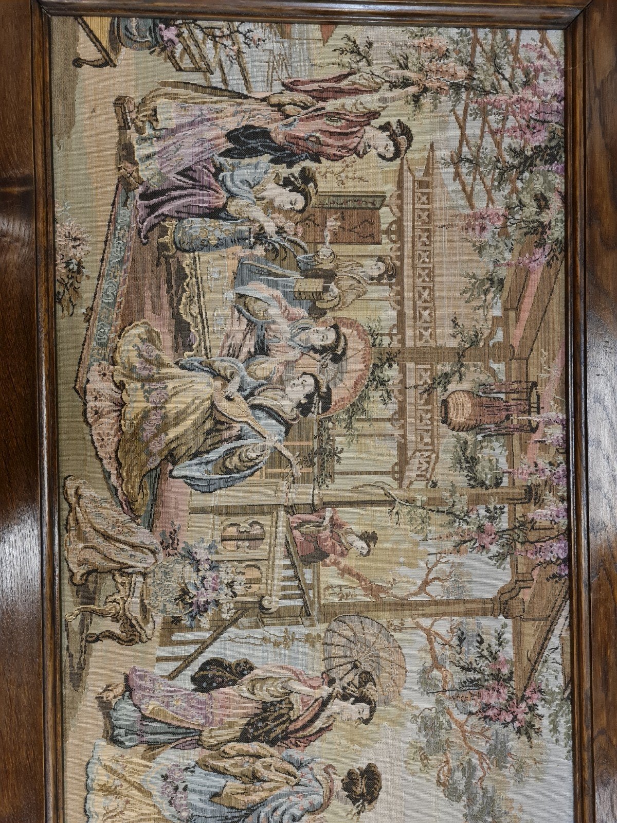 Groot vintage wandtapijt in houten lijst (160x60 cm), Ophalen
