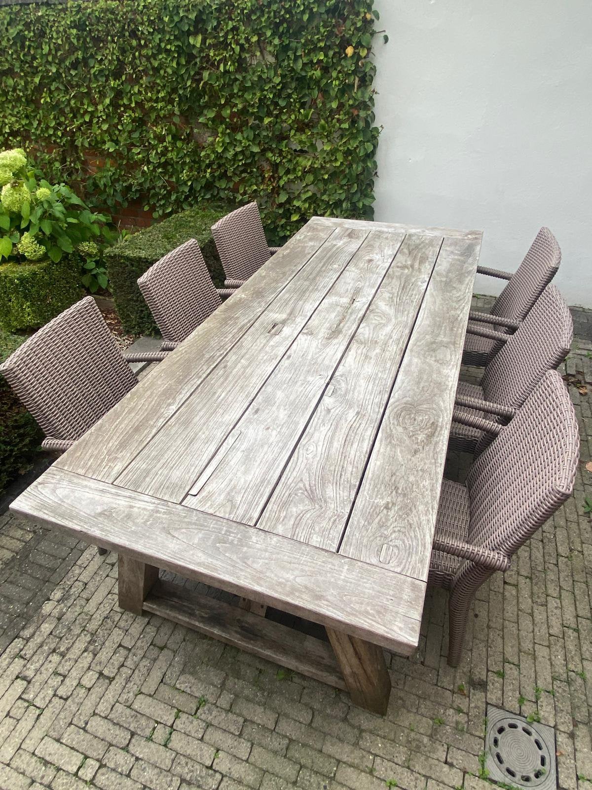 Tuintafel in teak met 6 rotan stoelen en zitkussens, Tuin en Terras, Ophalen, Gebruikt