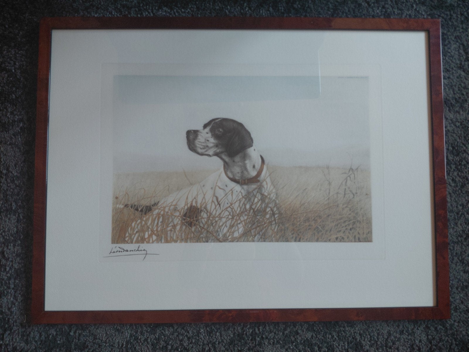 Tableau de Leon Danchin chien de chasse a l arrêt, Ophalen, Landschap, Gravure, Met passe-partout