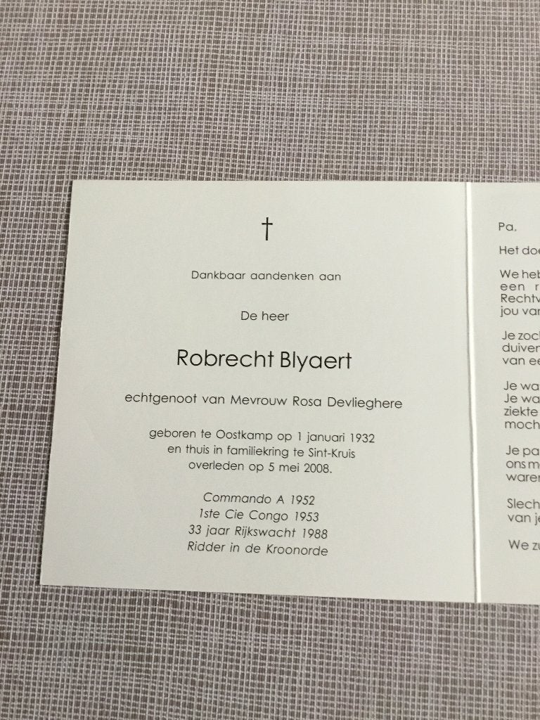 Rijkswachter Paracommando 1952 R.Blyaert Oostkamp, Verzamelen, Ophalen of Verzenden, Bidprentje