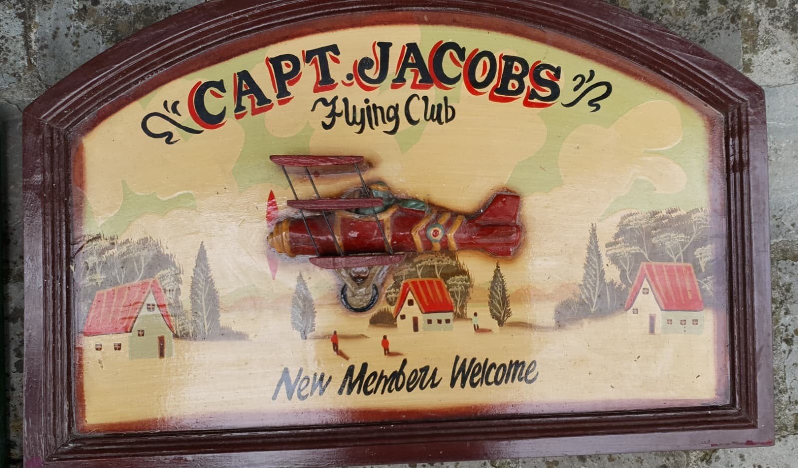 Houten 3D wandbord Capt. Jacobs Flying Club 60x40, Antiek en Kunst, Ophalen