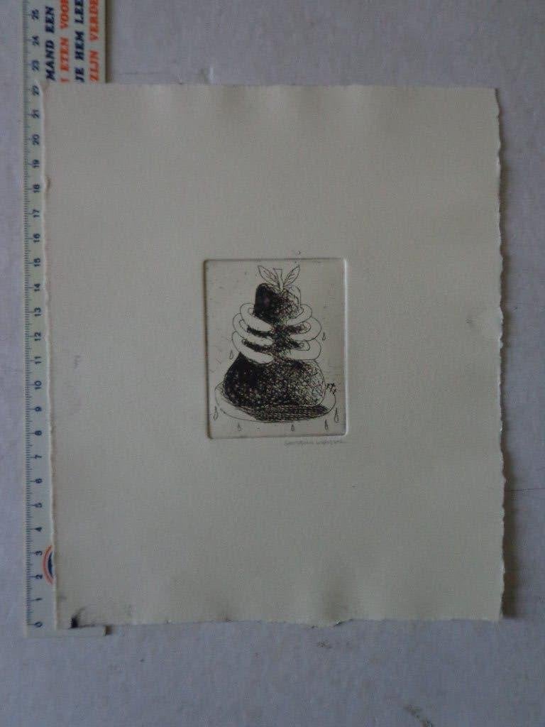 kleine ets van Walter Goossens "surrealistische peer", Antiek en Kunst, Ophalen of Verzenden, Ets, Gesigneerd, 1950 - 1999