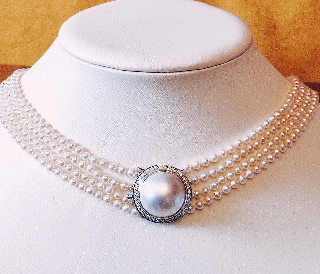 Akoya pearls chocker met gouden slot, Mabe parel,diamanten, Bijoux, Sacs & Beauté, Colliers, Enlèvement ou Envoi, Or, Comme neuf